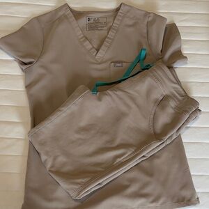 FIGS Women's V-Neck Scrub Top and Pants Set in Taupe with Teal Drawstring